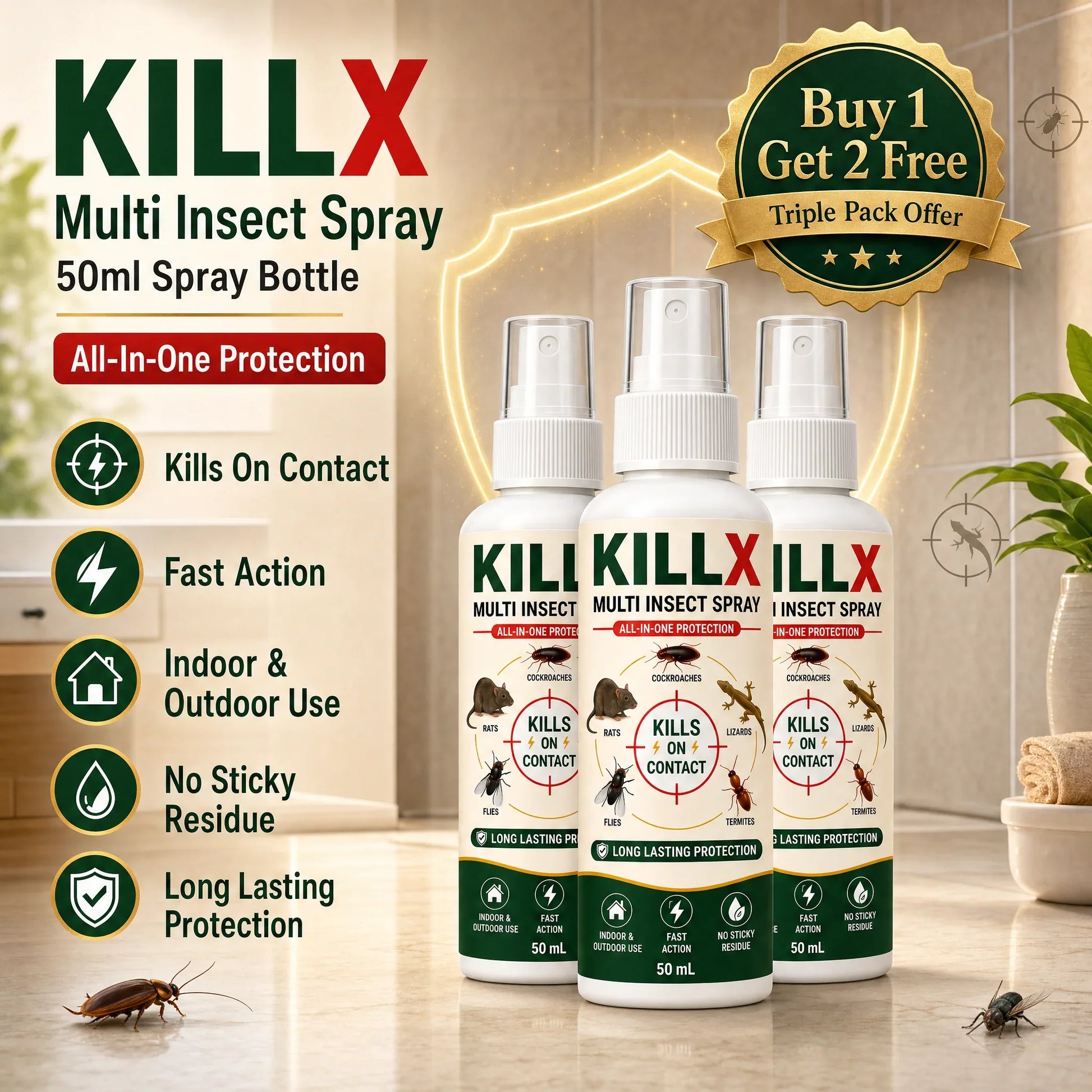 🛡️ KILLX Multi Insect Spray | Quick Spray, Long-Lasting Protection : Buy 1 Get 2 Free